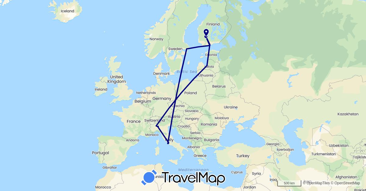 TravelMap itinerary: driving in Finland, Italy, Latvia, Sweden (Europe)